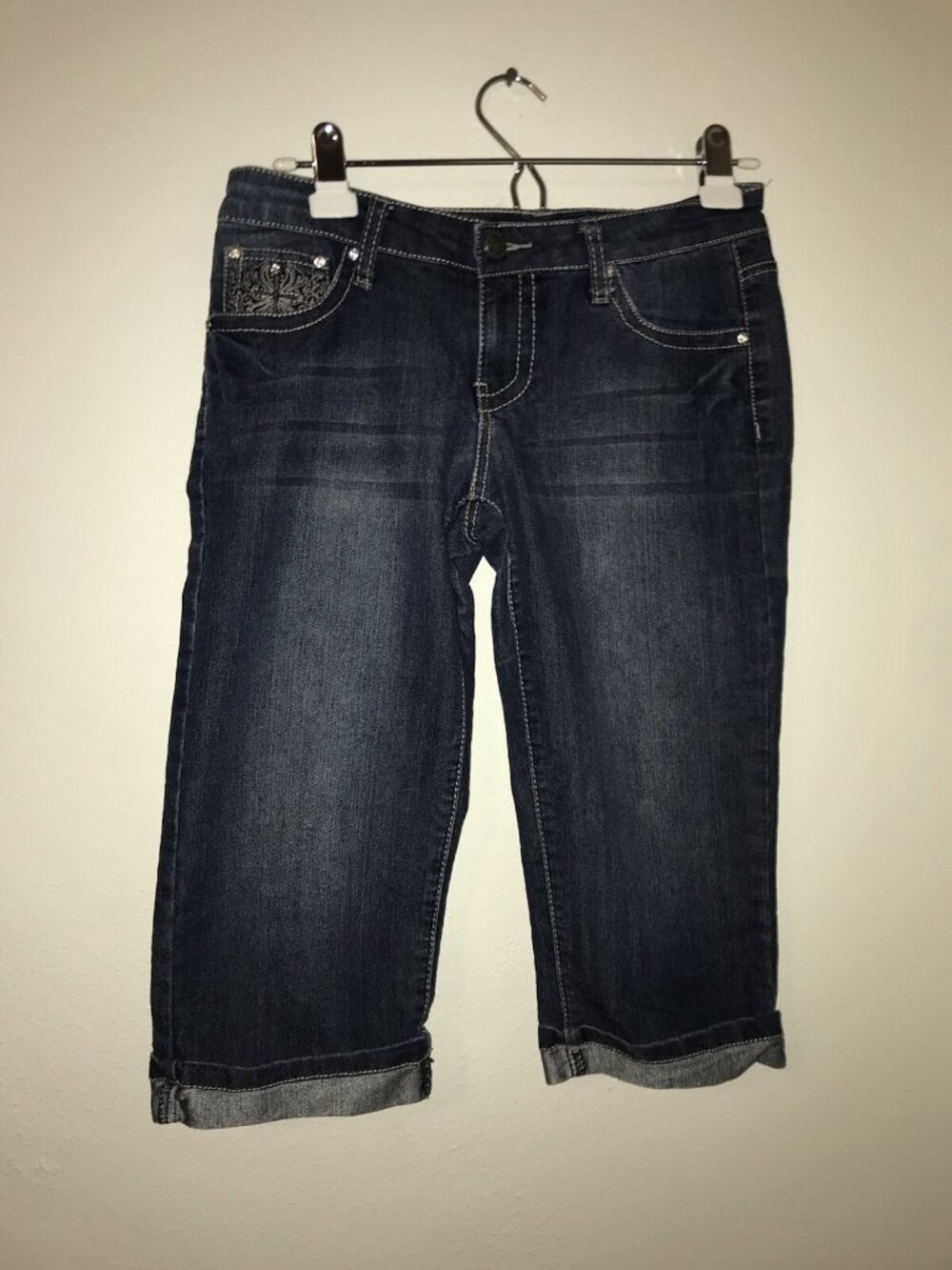 Earl Jeans Capris Women 5 30x15 Denim Crop Rhinestone Flap Pockets Stretch